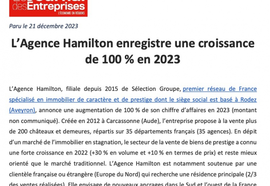 Lagence hamilton enregistre une croissance de 100 % en 2023 Selection immobilier