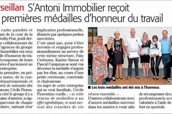 S'antoni immobilier reçoit ses premières médailles d'honneur du travail Soleil & prestige immobilier