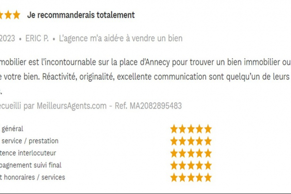 Avis 5 étoiles site meilleurs agents pour agences immobilières à annecy cp immobilier 31/01/2023 Cp immobilier