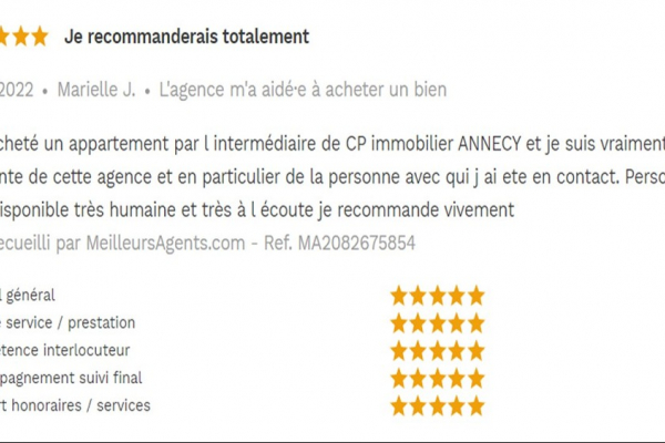 Avis 5 étoiles site meilleurs agents pour agences immobilières à annecy cp immobilier 11/01/2022 Cp immobilier