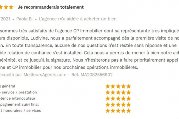 Avis 5 étoiles site meilleurs agents pour agences immobilières à annecy cp immobilier 01/07/2021 Cp immobilier