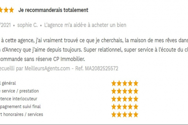 Avis 5 étoiles site meilleurs agents pour agences immobilières à annecy cp immobilier 10/05/2021 Cp immobilier