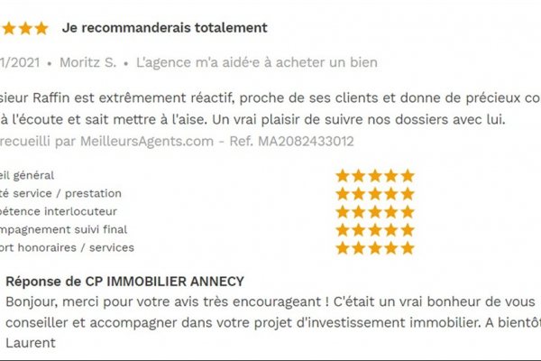 Avis 5 étoiles site meilleurs agents pour agences immobilières à annecy cp immobilier 06/01/2021 Cp immobilier