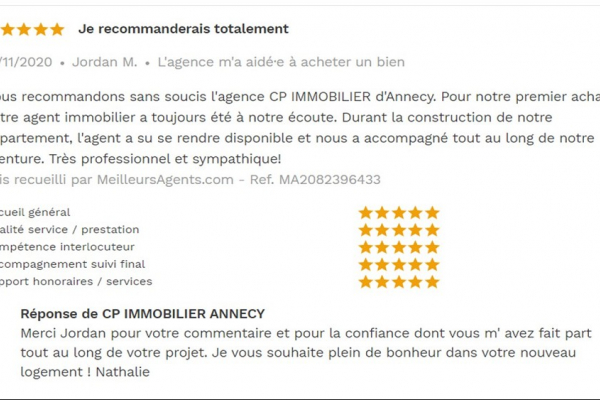 Avis 5 étoiles site meilleurs agents pour agences immobilières à annecy cp immobilier 21/11/2020 Cp immobilier