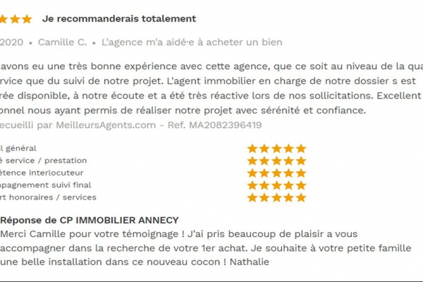 Avis 5 étoiles site meilleurs agents pour agences immobilières à annecy cp immobilier 21/11/2020 Cp immobilier