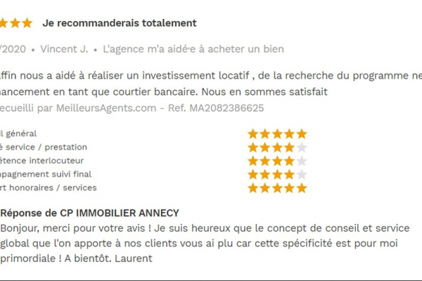 Avis 5 étoiles site meilleurs agents pour agences immobilières à annecy cp immobilier 04/11/2020 Cp immobilier
