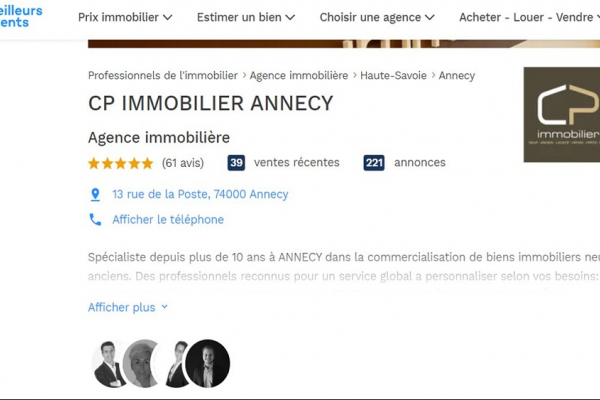 Notation 5 étoile avis clients de l'agence cp immobilier à annecy sur le site meilleurs agents Cp immobilier