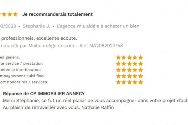 Avis 5 étoiles site meilleurs agents pour agences immobilières à annecy cp immobilier 28/03/2023 Cp immobilier