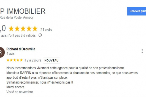Avis 5 étoiles page google agence immobilière à annecy cp immobilier 23/11/2023 Cp immobilier