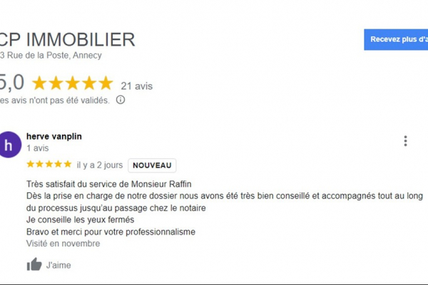 Avis client cinq étoiles google sur page agence immobilière à annecy cp immobilier 24/11/2023 Cp immobilier