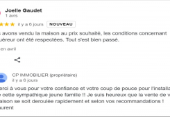 Avis client cinq étoiles posté sur notre page google agence immobiliere cp immobilier annecy en mars 2024 Cp immobilier
