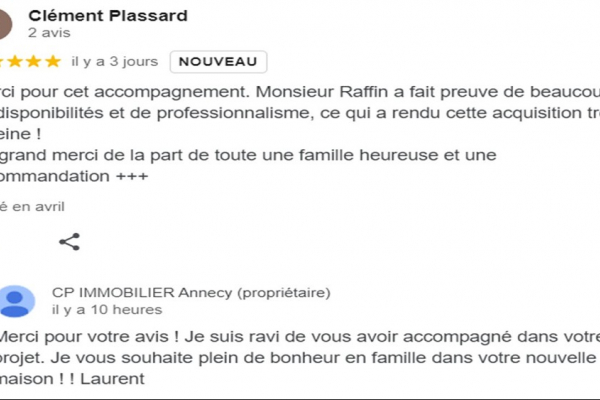Avis client cinq étoiles google sur page cp immobilier une des meilleures agences immobilières à annecy Cp immobilier