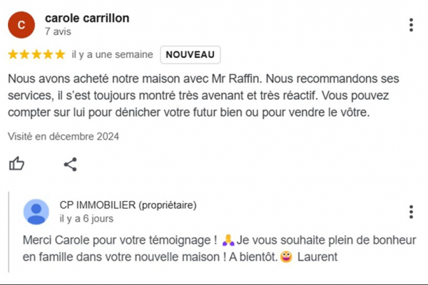 Avis client carrillon 5 etoiles sur la page google cp immobilier annecy une des meilleures agences immobilières à annecy Cp immobilier