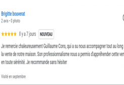 Avis client brigitte 5 etoiles sur la page google cp immobilier annecy une des meilleures agences immobilières à annecy Cp immobilier
