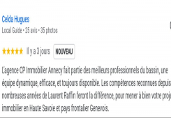 Avis client hugues cinq etoiles sur la page google cp immobilier annecy une des meilleures agences immobilières à annecy Cp immobilier