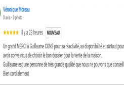 Avis client moreau 5 etoiles sur la page google de cp immobilier annecy une des meilleures agences immobilières à annecy Cp immobilier