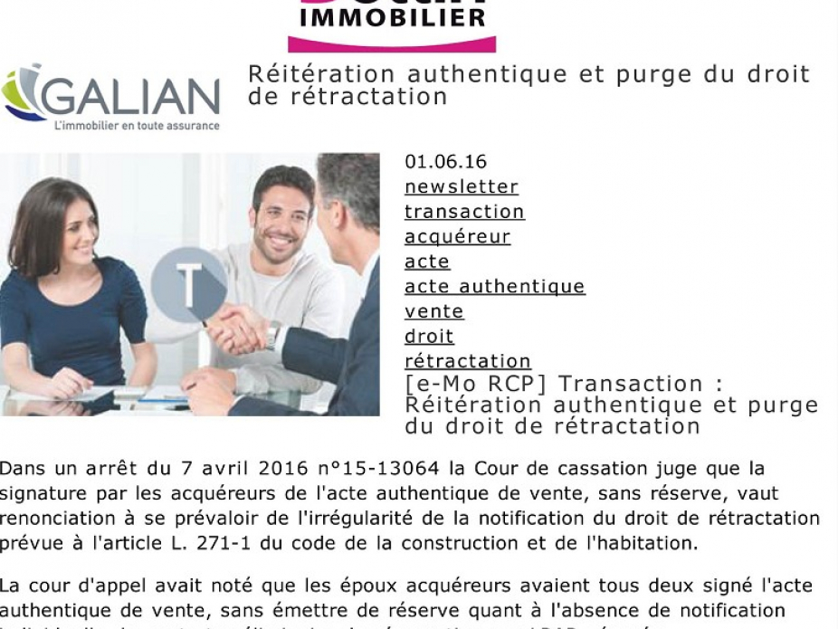 RÉitÉration authentique et purge du droit de rÉtractation Le bottin immobilier