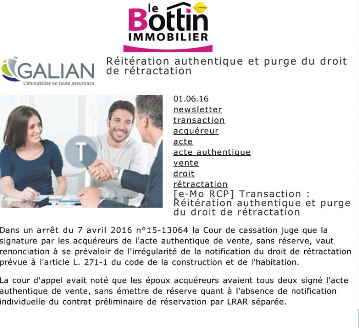 RÉitÉration authentique et purge du droit de rÉtractation Le bottin immobilier